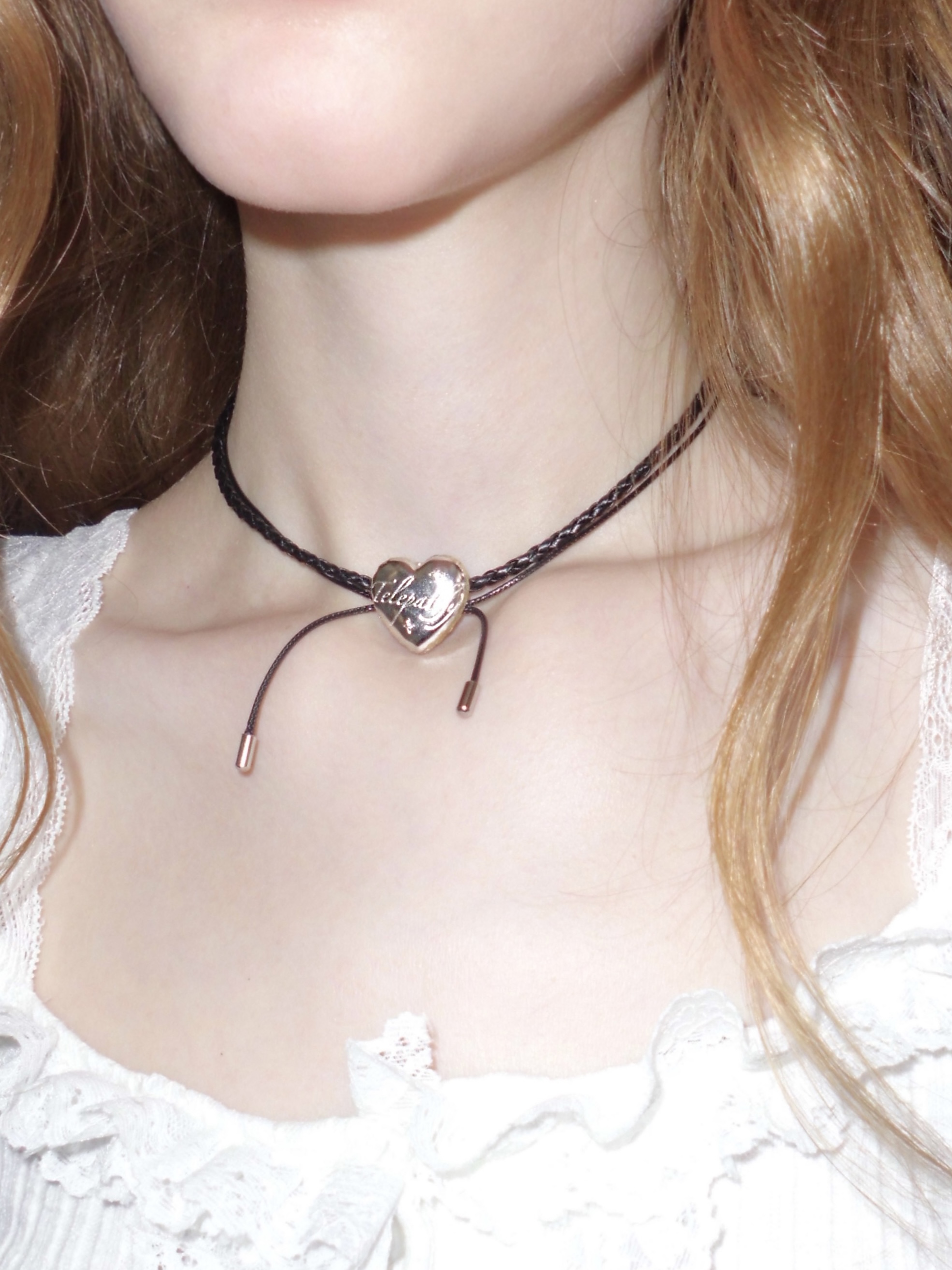 1P Jewelry双层皮链绳结爱心刻字锆石颈饰锁骨链choker-图1