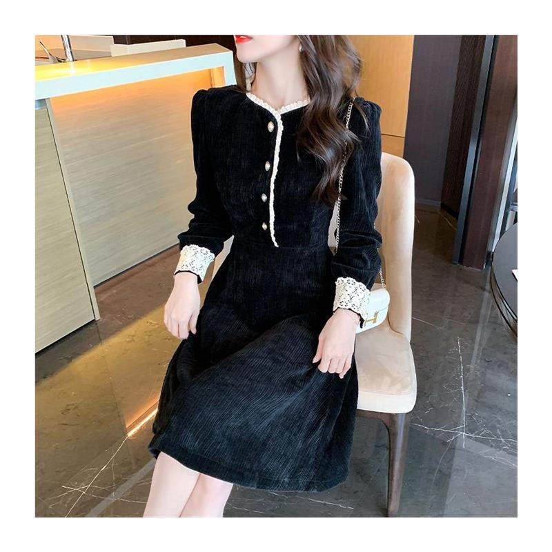 秋冬爆款赫本灯芯绒长袖连衣裙女装2025新款拼接法式复古气质裙子,淘宝优惠券,粉丝福利购,淘宝优惠卷