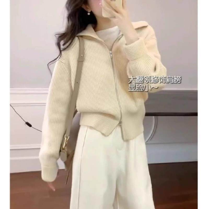 慵懒风双拉链翻领针织开衫女秋冬新款高级感软糯毛衣外套短款上衣,淘宝优惠券,粉丝福利购,淘宝优惠卷