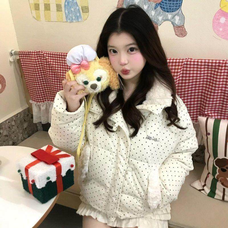 小个子学院甜美可爱减龄羊羔绒加厚保暖拼接翻领波点棉服冬季新款,淘宝优惠券,粉丝福利购,淘宝优惠卷