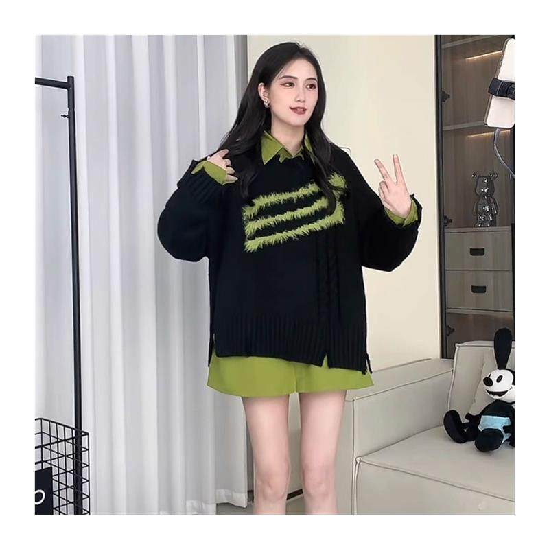 大码胖mm甜酷慵懒风假两件长袖毛衣女秋冬季设计感外穿针织衫上衣,淘宝优惠券,粉丝福利购,淘宝优惠卷
