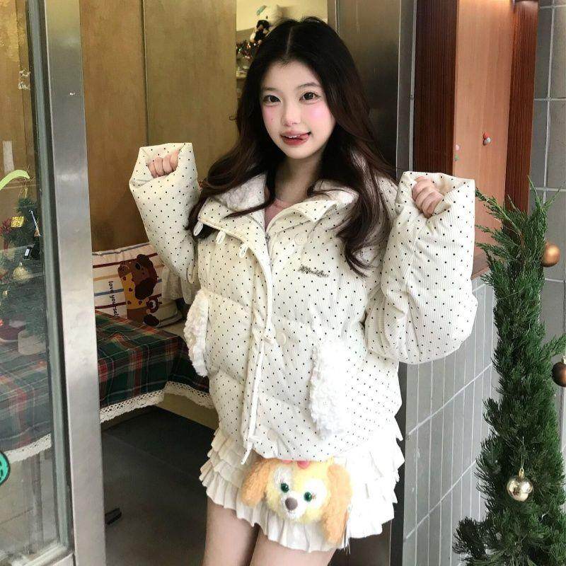 小个子学院甜美可爱减龄羊羔绒加厚保暖拼接翻领波点棉服冬季新款,淘宝优惠券,粉丝福利购,淘宝优惠卷