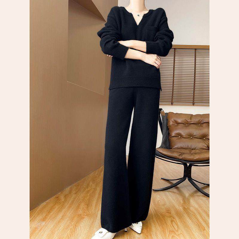 秋冬慵懒风两件套V领外穿毛衣针织衫阔腿裤新款时尚气质上衣套装,淘宝优惠券,粉丝福利购,淘宝优惠卷