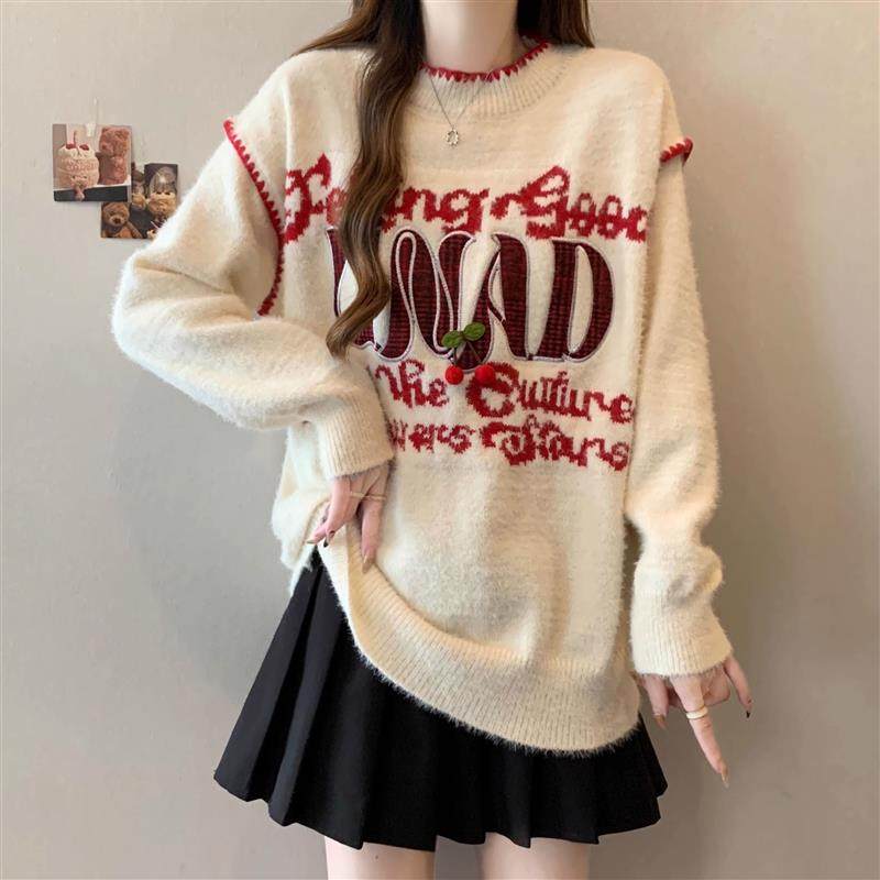 圆领字母提花针织长袖上衣女春秋季大码胖MM美式宽松复古打底毛衣,淘宝优惠券,粉丝福利购,淘宝优惠卷