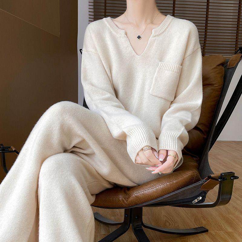 秋冬慵懒风两件套V领外穿毛衣针织衫阔腿裤新款时尚气质上衣套装,淘宝优惠券,粉丝福利购,淘宝优惠卷