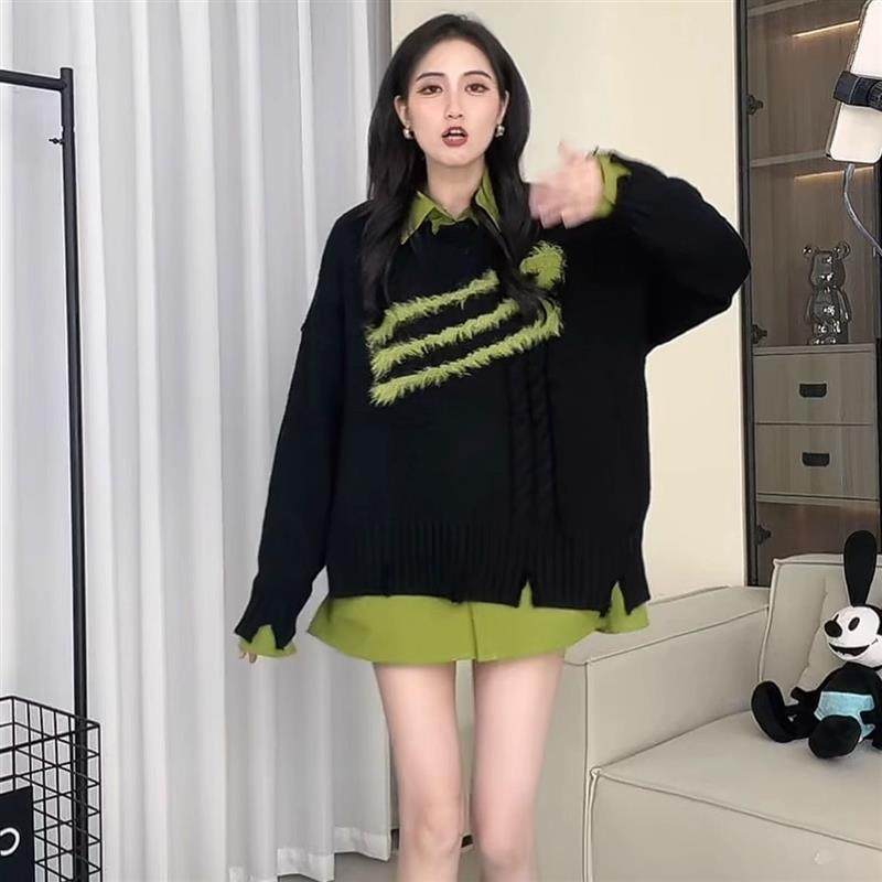 大码胖mm甜酷慵懒风假两件长袖毛衣女秋冬季设计感外穿针织衫上衣,淘宝优惠券,粉丝福利购,淘宝优惠卷