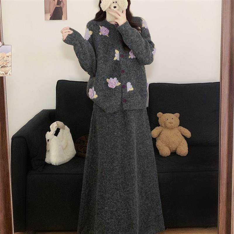 韩版冬季新款大码立体花朵设计感针织开衫中长款半身裙套装毛衣裙,淘宝优惠券,粉丝福利购,淘宝优惠卷