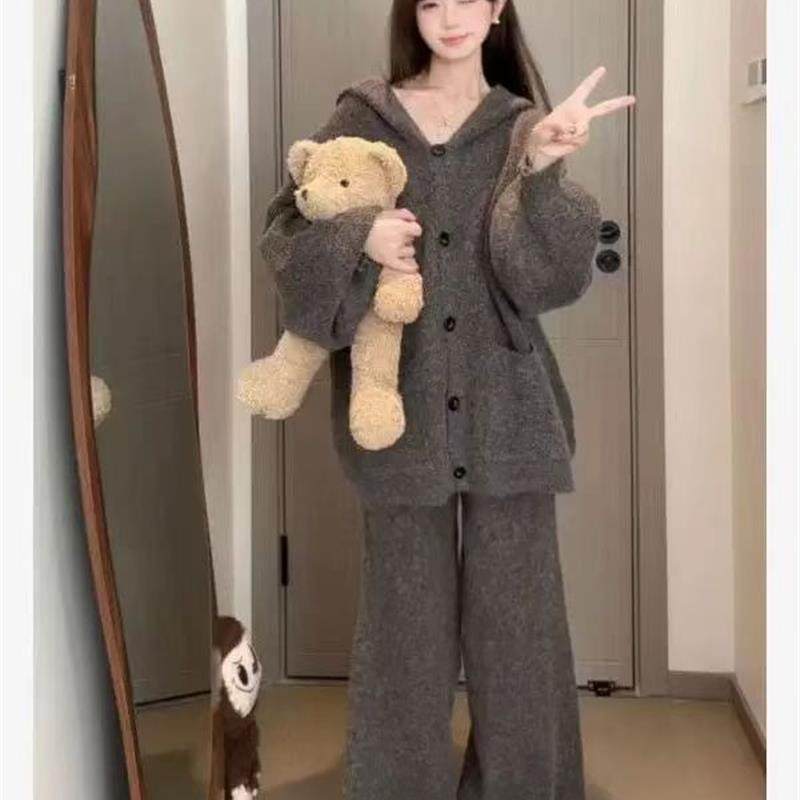 2025秋冬大码慵懒风连帽针织简约休闲两件套女保暖纯色裤子+上衣,淘宝优惠券,粉丝福利购,淘宝优惠卷