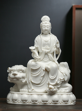 悟闻禅意陶瓷摆件文殊普贤菩萨像白瓷装饰佛像客厅艺术品大师制作