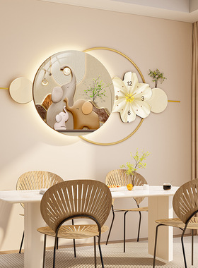 新款侘寂风餐厅异形装饰画带钟表餐桌壁画石来运转砂岩背景墙