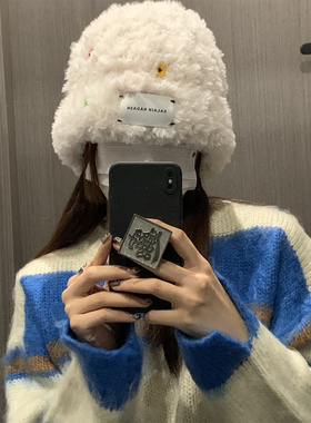 白鹿同款毛绒帽子女秋冬保暖冷帽白色毛茸茸渔夫帽可爱针织毛线帽