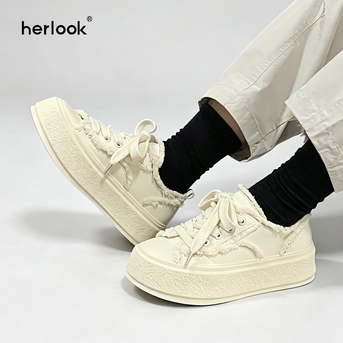 HERLOOK2026增高厚底一脚蹬低帮帆布鞋舒适毛边平板鞋女轻便软底 软轻实拍商品图