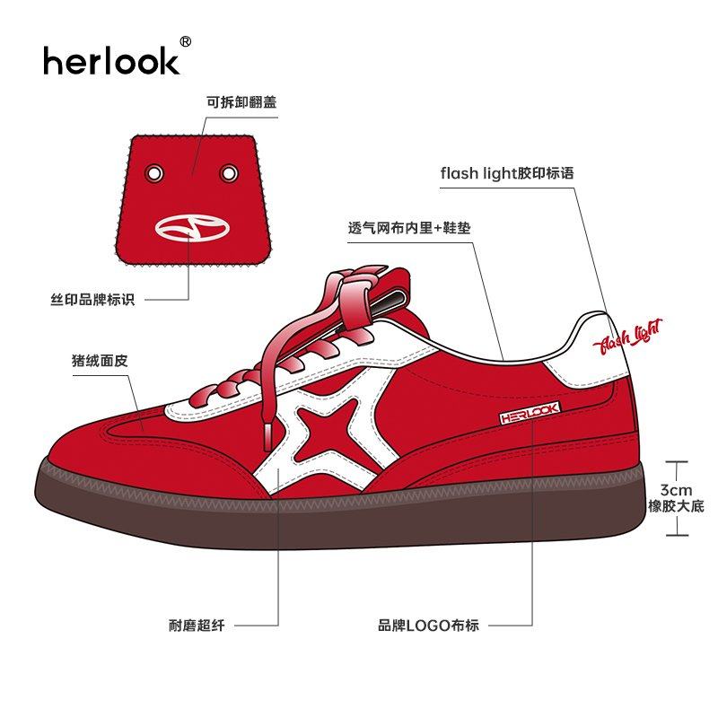 【裴佳欣同款】HERLOOK星星德训鞋女红色复古加绒真皮休闲板鞋,淘宝优惠券,粉丝福利购,淘宝优惠卷