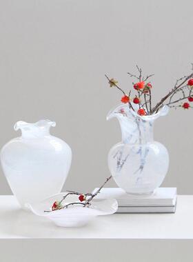 现简约创意花边口白色渐变纹大肚子玻璃花鲜花餐桌居家电视柜