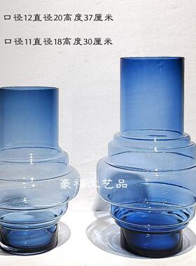 轻奢现代简约蓝色螺旋纹玻璃花瓶插花饰品家居样板房桌面软装饰设