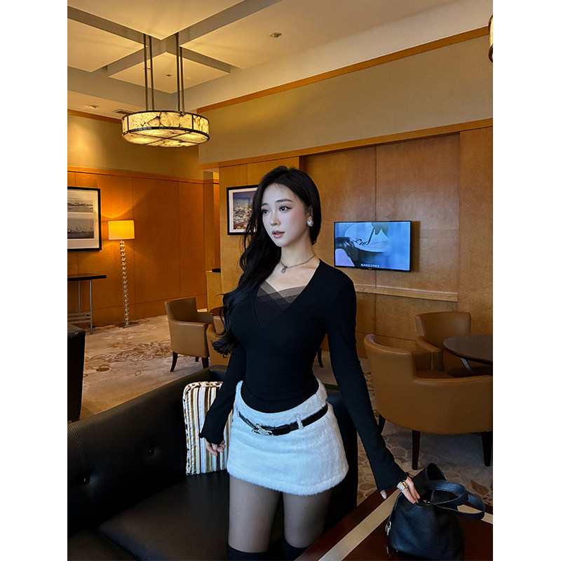 肉装小cherry 纯欲天菜 V领拼接网纱针织T恤女设计感微胖修身上衣,淘宝优惠券,粉丝福利购,淘宝优惠卷