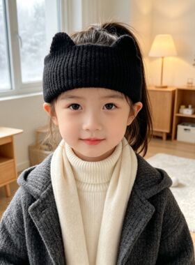 秋冬保暖防风女童针织发带帽