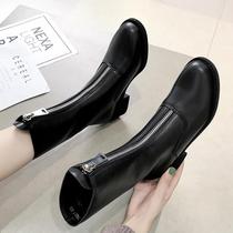 Genuine leather short boots woman 2023 autumn winter new 100 lapped thick heel slim boot Single boot front zipped with velvety burst Martin boots