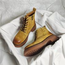 Retro round head 2023 autumn winter new plus suede lacing side zipped thick bottom coarse heel Martin boot women genuine leather short boots