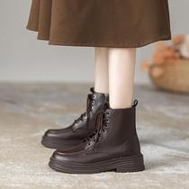 Round head genuine leather Martin boots woman 2023 new autumn and winter heightening single boots small sub-velvet Inn thick bottom short boots