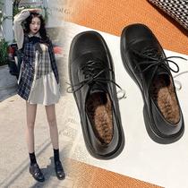 Genuine leather Inn small leather shoes woman 2023 autumn winter new single shoe lacing college wind plus velvet thick bottom black