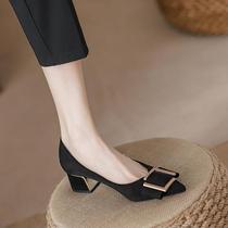 Genuine Leather Single Shoe Woman 2023 Spring Autumn Season New Square Button Tip Mid Coarse Heel Light Mouth Soft Bottom Suede Black Working Shoes