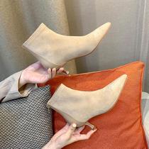 Pointed fine high heel and nude boots woman 2023 autumn winter new suede Martin boots genuine leather plus suede retro slim short boots