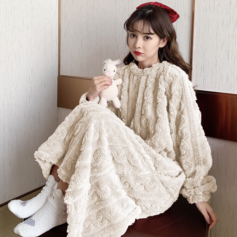 秋冬季长款珊瑚绒胖mm纯色睡衣裙 秋南枝睡裙