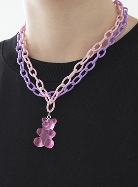 GUXUAN新款粉红色塑料亚克力小熊软糖双层叠带项链潮小众个性配饰
