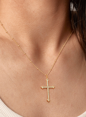 FETTERO金色边角锆石十字架项链
