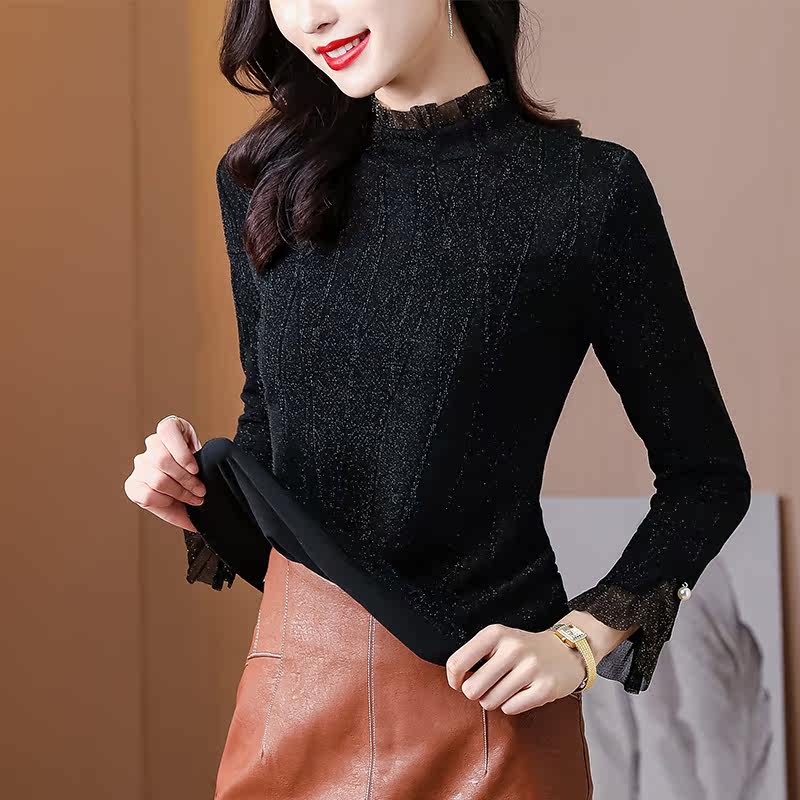 北萱加绒加厚立领亮丝蕾丝打底衫 北萱T恤