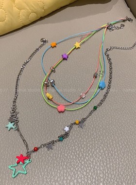 多巴胺女孩!星星双层项链流苏甜酷少女锁骨链撞色小清新y2k颈链