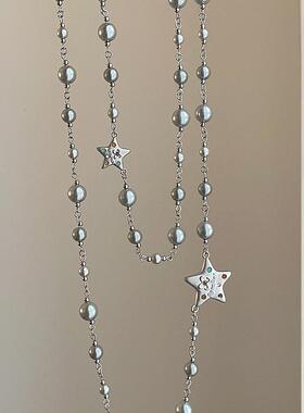 高级感灰色珍珠五角星长款毛衣链女轻奢复古时尚潮流气质百搭项链