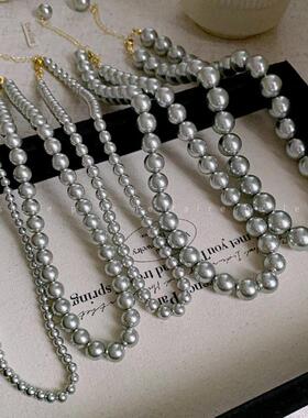 法式复古灰色珍珠项链小众简约设计感锁骨链气质轻奢高级感项饰女