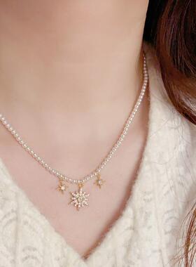 微镶锆石八芒星吊坠珍珠项链小众气质时尚温柔百搭设计感锁骨链女