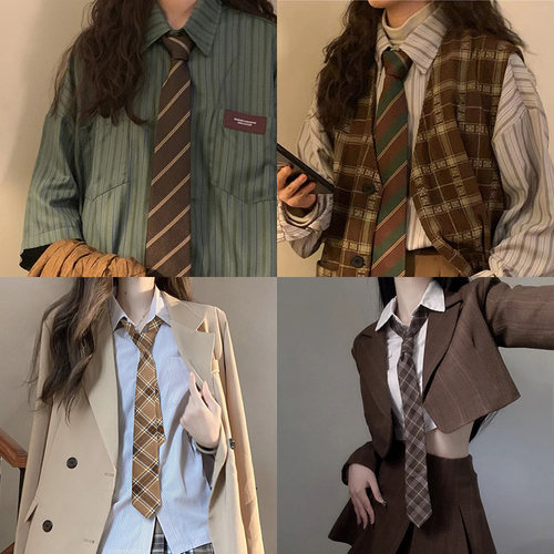 棕色jk格子条纹懒人免打学院风领带女款领绳配饰复古学士服领结 - 图2
