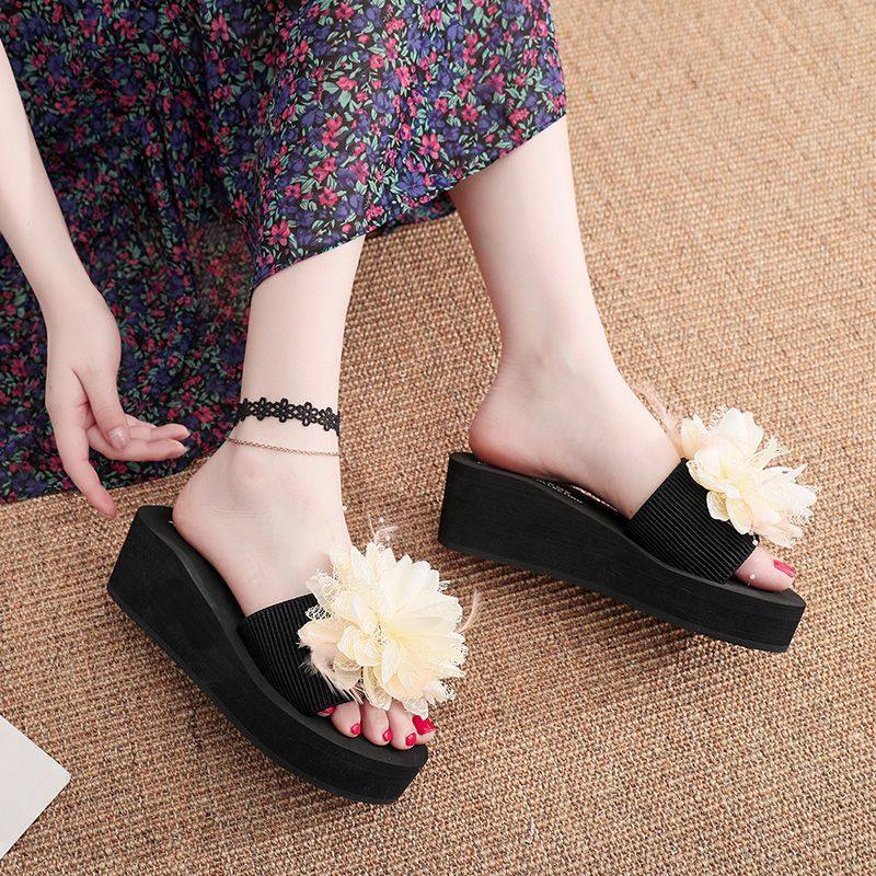 高跟拖鞋女夏花朵厚底百搭一字拖防滑休闲爆款外穿坡跟海边沙滩鞋,淘宝优惠券,粉丝福利购,淘宝优惠卷