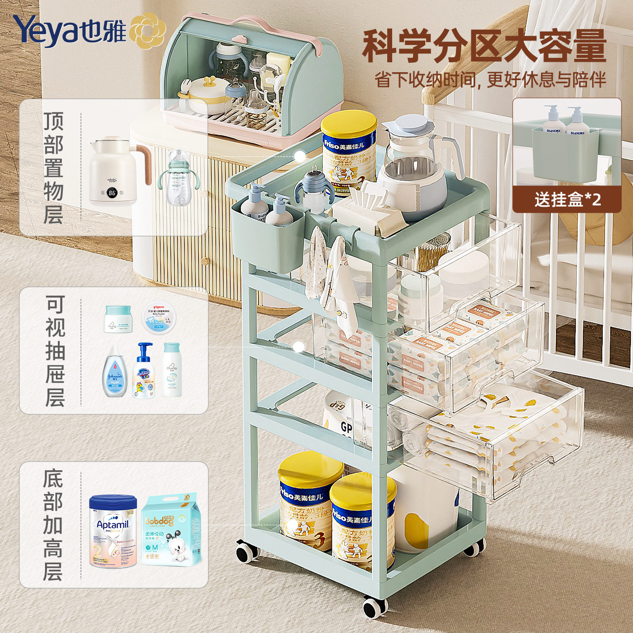 也雅婴儿用品置物架新生儿宝宝收纳小推车卧室床头移动多层喂养台