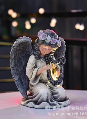 天脂使天使抚琴花园像雕摆件庭院树草工艺品坪户外太阳能灯小女孩