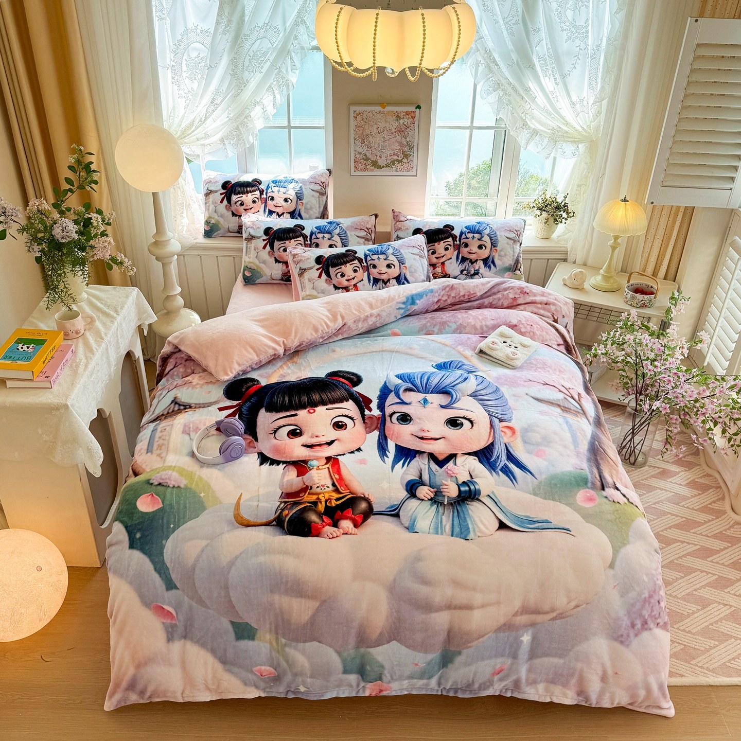 卡通可爱哪吒牛奶绒加厚四件套秋冬被套宿舍三件套儿童床品男女孩,淘宝优惠券,粉丝福利购,淘宝优惠卷