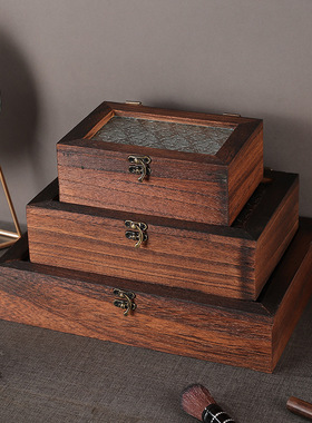 古风海棠花玻璃收纳盒家居首饰物品收纳橱窗木质摆件实木复古