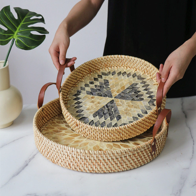 藤编贝壳托盘手工编织面包零食水茶杯皮把手圆形高档端轻精致轻奢,淘宝优惠券,粉丝福利购,淘宝优惠卷