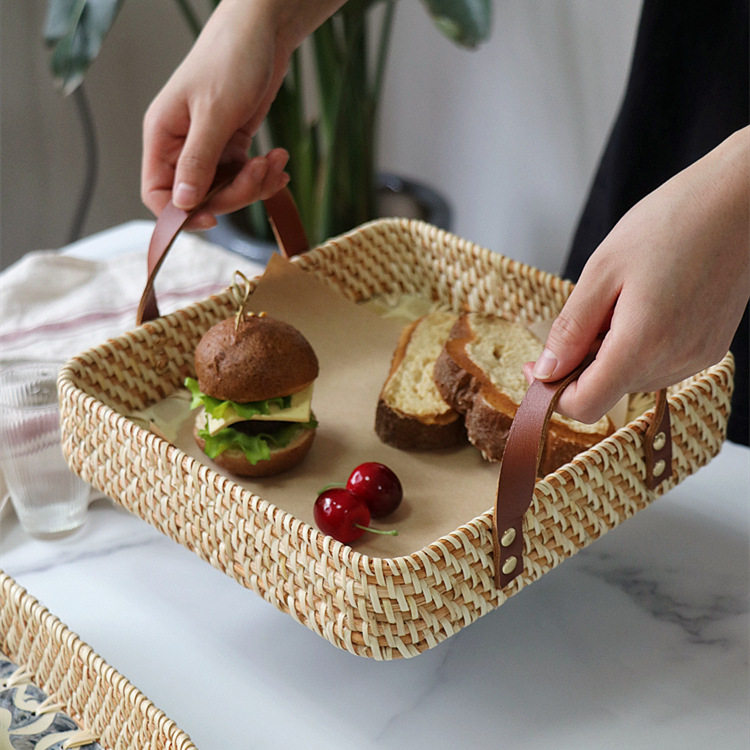 藤编贝壳托盘手工编织面包零食水茶杯皮把手圆形高档端轻精致轻奢,淘宝优惠券,粉丝福利购,淘宝优惠卷
