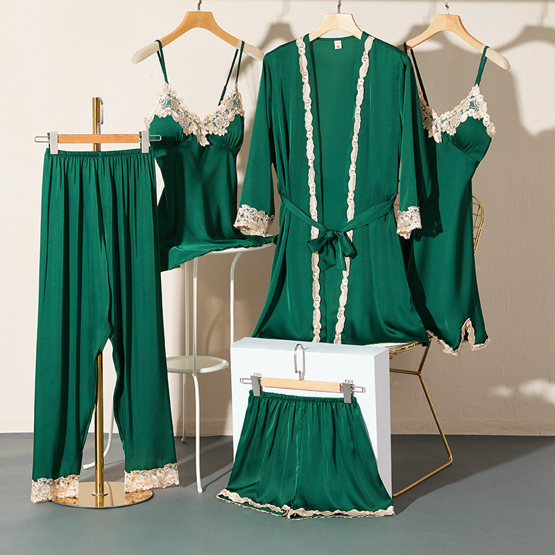 性感春秋冰丝带胸垫丝绸睡袍 松子壳睡衣/家居服套装