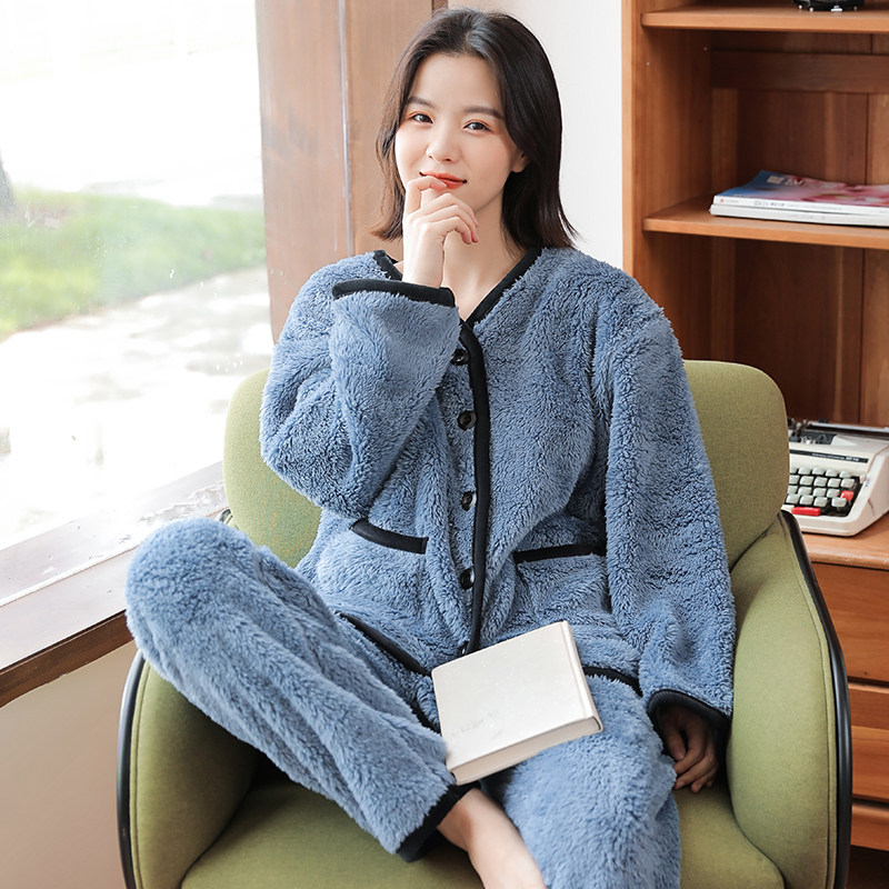 秋冬季珊瑚绒加绒可外穿新款睡衣 松子壳睡衣/家居服套装