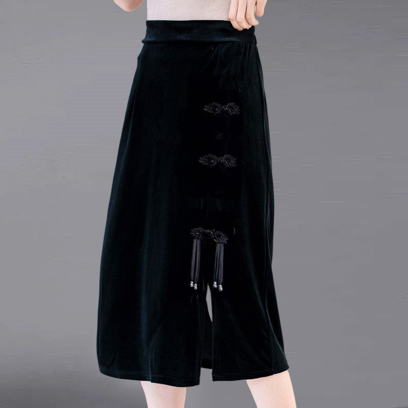 新中式加绒金丝绒流苏盘扣半身裙大码女装松紧腰开叉保暖打底裙子,淘宝优惠券,粉丝福利购,淘宝优惠卷