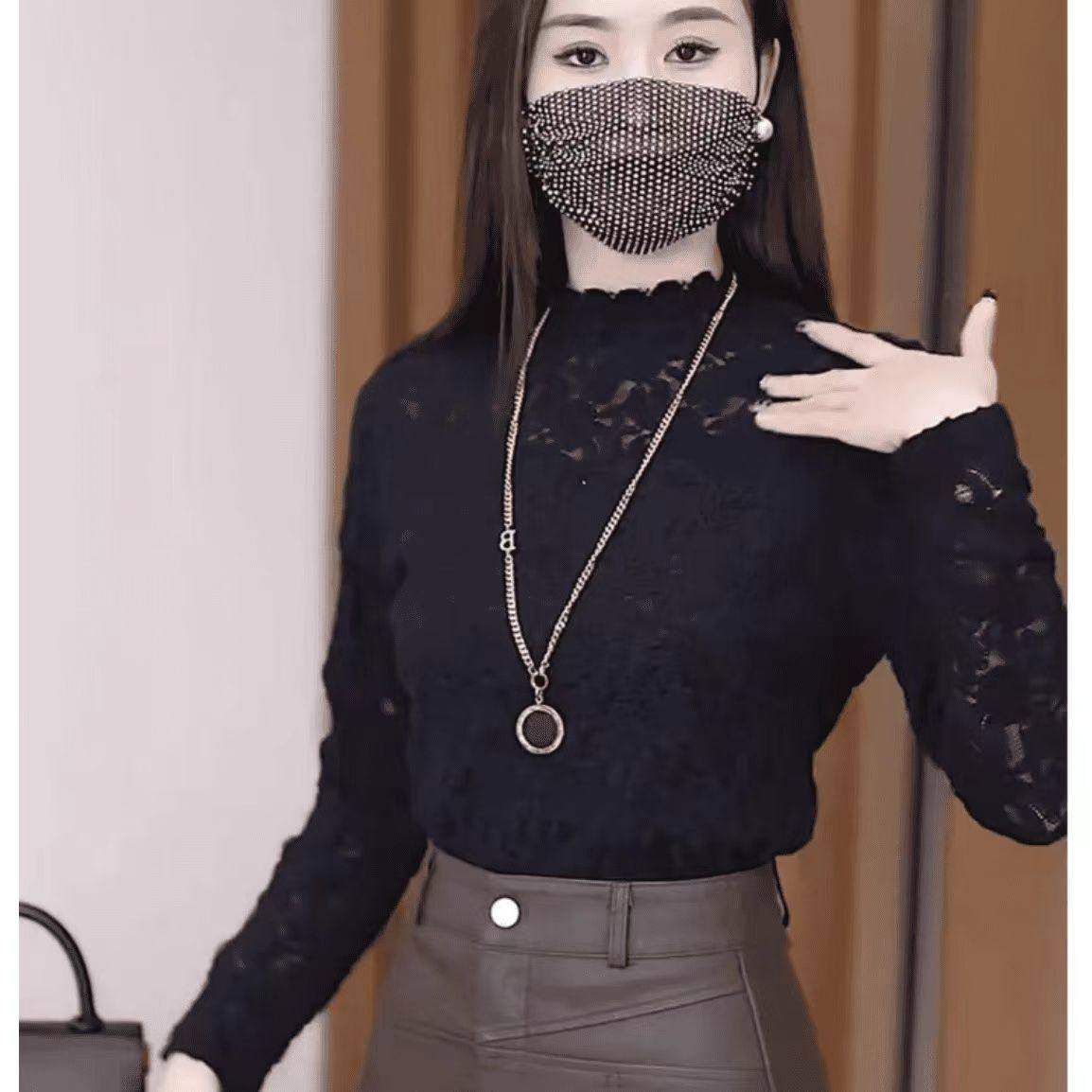 法式半高领蕾丝衫加绒打底蕾丝上衣女显瘦长袖网红洋气时尚针织衫,淘宝优惠券,粉丝福利购,淘宝优惠卷