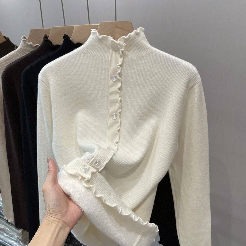 一体绒保暖内搭针织上衣女士秋冬木耳边半高领打底衫加绒加厚毛衣,淘宝优惠券,粉丝福利购,淘宝优惠卷