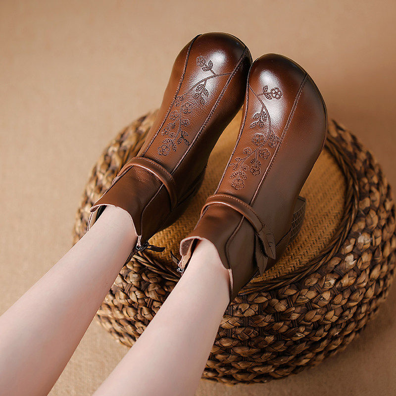 粗跟女棉鞋加绒2026冬季短靴复古软底真皮妈妈鞋绣花民族风鞋勃肯,淘宝优惠券,粉丝福利购,淘宝优惠卷