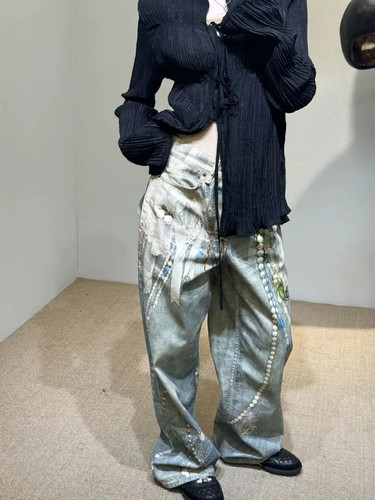 AC风格25FW 蕾丝珍珠链条3D打印印花直筒弯刀牛仔裤jennie同款 - 图3